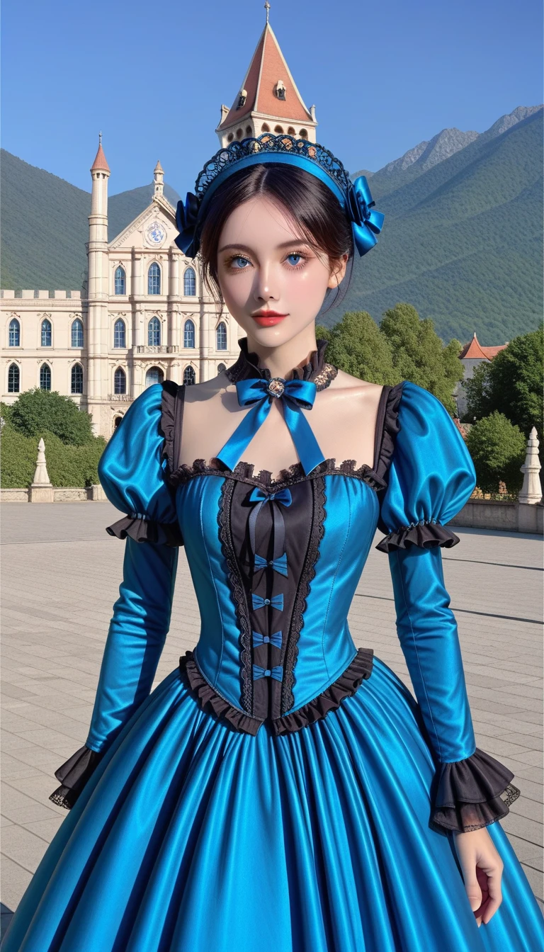 ((Photography, RAW quality)), (High quality PHOTO of a pretty girl, perfect face, blue eyes, sharp, perfect, well-defined pupil, black hair, long straight, (classic blue Victorian dress, luxurious, lace, tulle, ribbons, shiny jollas, intricate, cinched at the waist), with a castle background with round towers and flags in the mountains