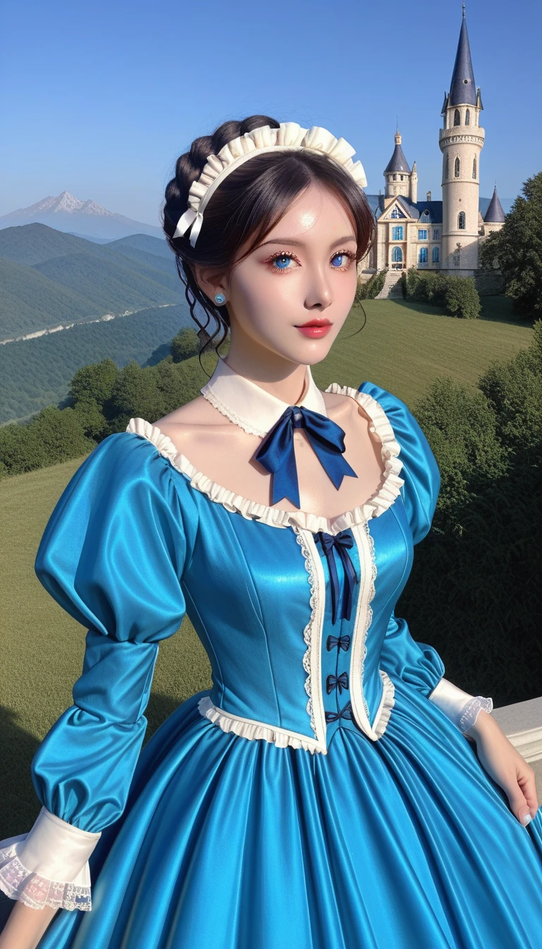 ((Photography, RAW quality)), (High quality PHOTO of a pretty girl, perfect face, blue eyes, sharp, perfect, well-defined pupil, black hair, long straight, (classic blue Victorian dress, luxurious, lace, tulle, ribbons, shiny jollas, intricate, cinched at the waist), with a castle background with round towers and flags in the mountains