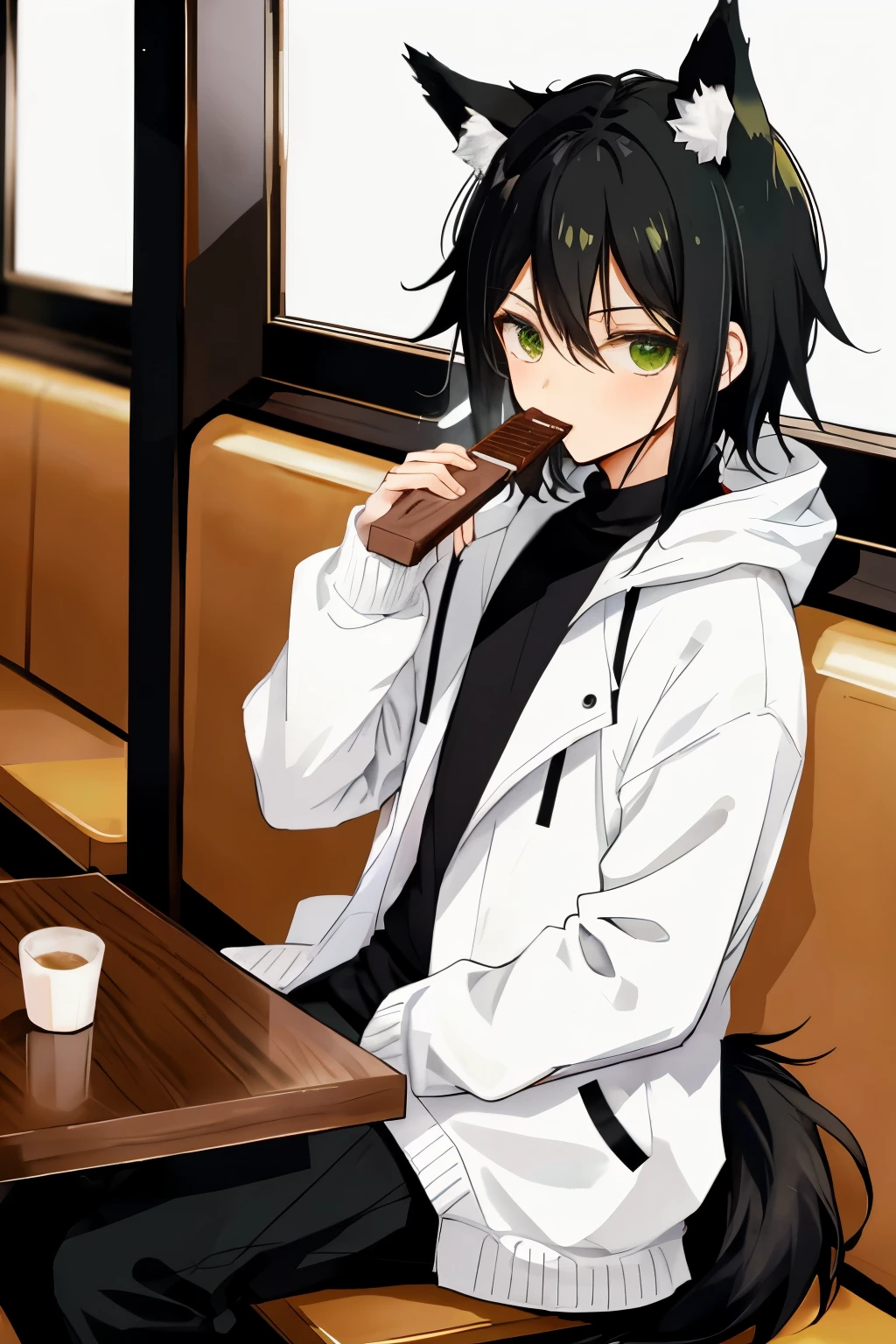 Boku no hero style character, a black haired boy, green eyes, sitting at a table in a restaurant, Loose white jacket, eating a chocolate, He has wolf ears and a tail, man, anime, 2d ((black hair))