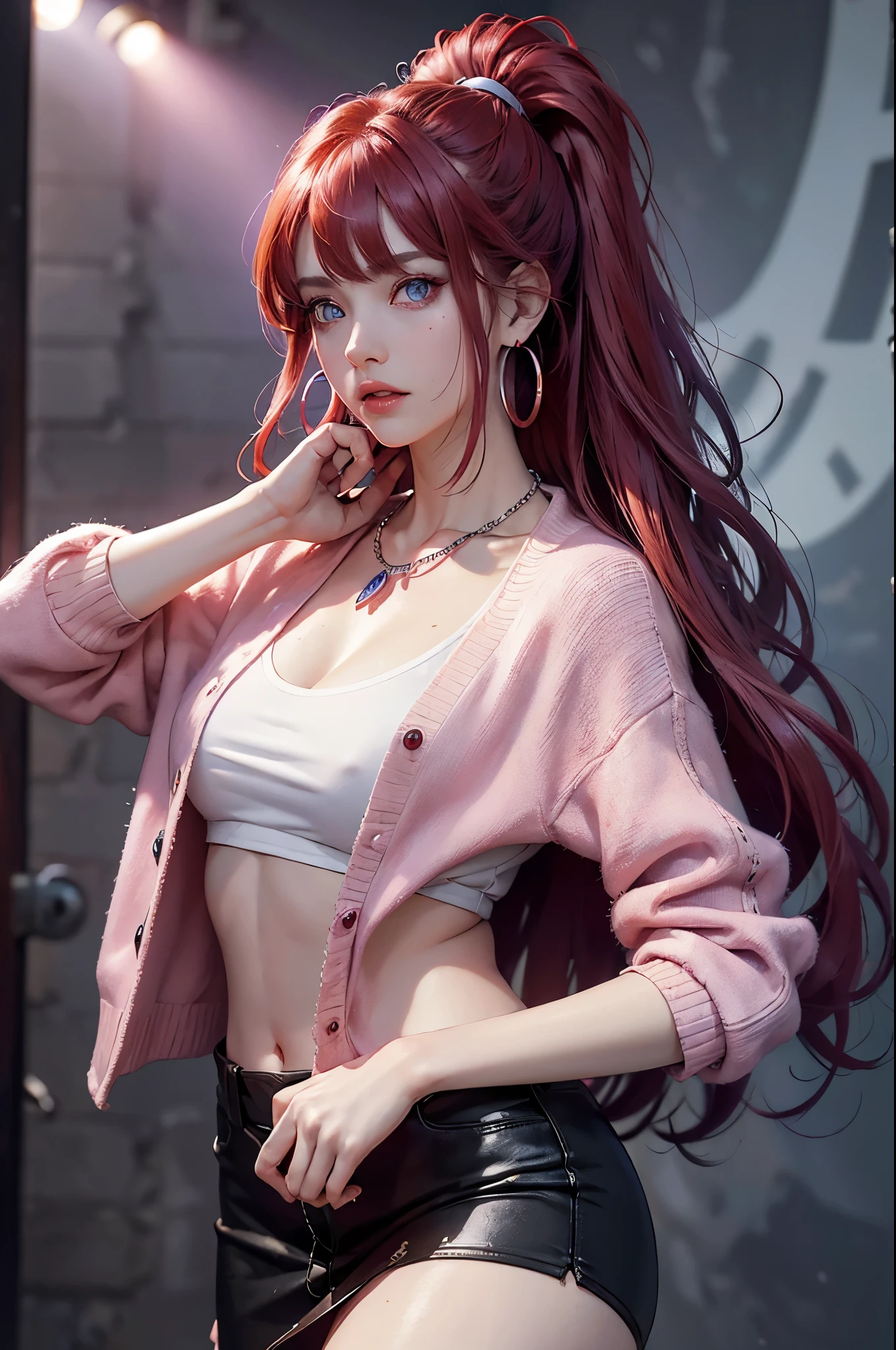 Hair above one eye, Red Eyes, Clear eyes, Necklace, Neon shirt, Damaged Leg Garment, Cardigan jacket, Towards the wall, Brick Wall, Graffiti, shineing grafiti, shineing tattoos, shine, Neon lights, rays of black light,Anime style, Portrait Photography, 1 female, 22 years ago, whole body,Blue Eyes Background, Full breasts, anger, (Scarlet hair), Long hair, Purple Eyes, Wearing a short black skirt, (Natural skin texture Vivid details, Surrealism, (Realistic and detailed eyes, Natural skin texture, Realistic facial details), Soft and dramatic lighting, Writing border depth, Bokeh, Vivid details, Surrealism, 35mm , Hazy, ,Lipstick, Danteidong, Eyeshadow, Hoop Earrings, Pink lips, 多色のRed Eyes, Purple theme,Wearing a Rainbow Halo,beautiful eyes,Standing in front of the red door、shrine,Jingu-mae,A bold gesture、Decide on the pose,On the ponytail,Long bangs