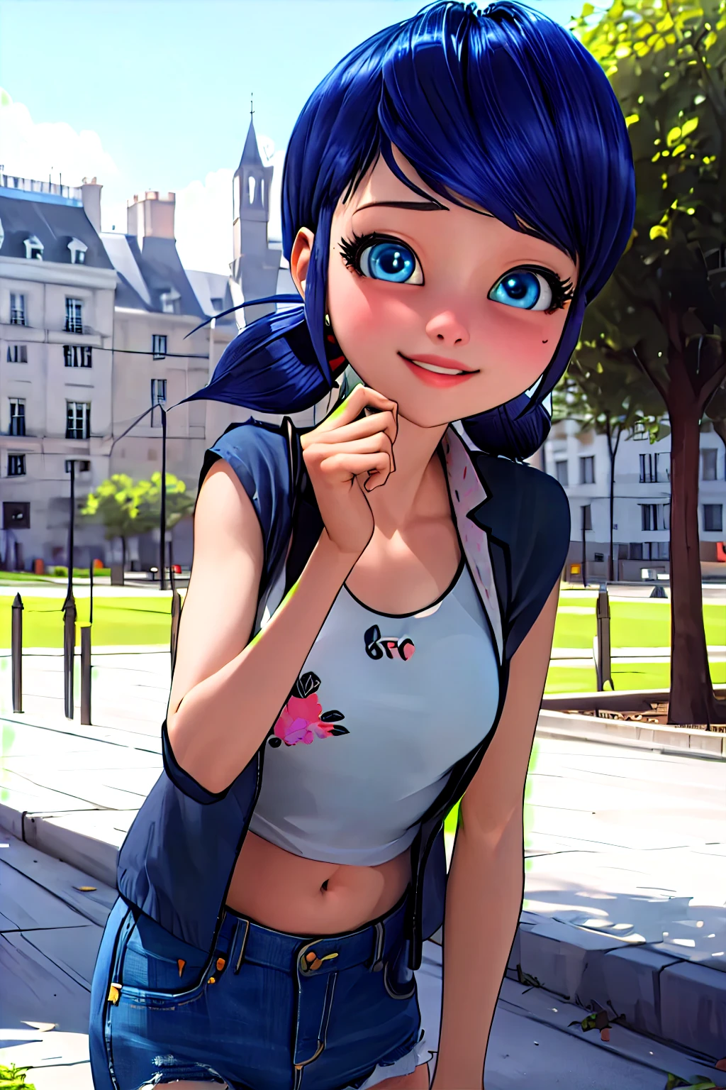 (8k, RAW photo, best quality, masterpiece:1.2), (intricate details), perfect eyes, perfect face, perfect lighting, beautiful, (masterpiece:1.2), (best quality:1.2), 1girl( marinette, blue hair, ponytails, blue eyes), smile, parted lips, solo, blue jacket, white tank_top, cleavage, navel, denim skirt, ultra mini skirt, outdoor, standing