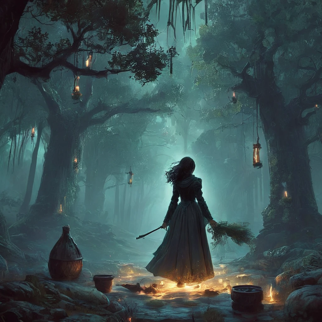 In the quiet solitude of a secluded cottage nestled deep within the shadowed woods, a back view of a young girl with short, curly white hair stands before a crackling hearth. Dressed in a black medieval gown adorned with intricate silver embroidery that glimmers faintly in the firelight, 

The kitchen around her is quaint yet filled with an air of ancient mystique. Shadows dance along the stone walls, casting elongated silhouettes of herbs and potions hanging from the rafters. The aroma of simmering herbs and spices blends with the faint scent of arcane ingredients, hinting at her proficiency in both culinary arts and alchemy.

Outside the cottage, the forest murmurs with secrets, its towering trees cloaked in the eerie hues of twilight. The girl's task is not merely to prepare a meal but to craft a potion of protection or brew a remedy against the dark enchantments that threaten the realm. Each ingredient she adds is chosen with precision, each stir infused with a touch of magic passed down through generations.

As she works, her thoughts drift to the tales whispered by elders—a prophecy yet to unfold, a destiny entwined with the ancient powers that pulse beneath the surface of the world. Her journey, though solitary, is imbued with purpose and determination, for within her lies the potential to tip the balance between light and shadow in this realm of medieval dark fantasy.