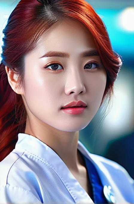 beautiful korean woman with blood red hair, ocean blue eyes, wearing scrubs suit style, staring into camera head and shoulders portrait, (best quality,4k,8k,highres,masterpiece:1.2),ultra-detailed,(realistic,photorealistic,photo-realistic:1.37),HDR,UHD,studio lighting,ultra-fine painting,sharp focus,physically-based rendering,extreme detail description,professional,vivid colors,bokeh,portrait,concept art