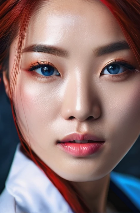 beautiful korean woman with blood red hair, ocean blue eyes, wearing scrubs suit style, staring into camera head and shoulders portrait, (best quality,4k,8k,highres,masterpiece:1.2),ultra-detailed,(realistic,photorealistic,photo-realistic:1.37),HDR,UHD,studio lighting,ultra-fine painting,sharp focus,physically-based rendering,extreme detail description,professional,vivid colors,bokeh,portrait,concept art