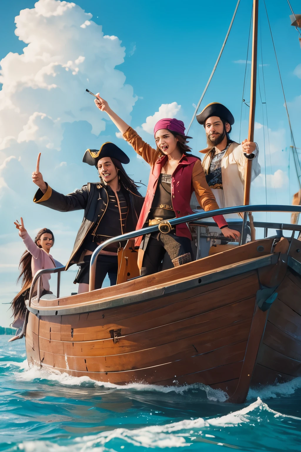 An illustration,Young Pirates,On the boat,Pointing finger,Friends behind