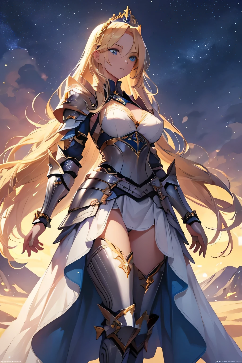 woman, long hair, blonde hair, blue eyes, wears armor, underneath the armor she wears pants that go down to the armor on her legs, and on her legs, armor goes up to her waist, on the arms She only wears bracelets, a tiara with two angel wings, a white dress with blue outlines, the setting is a starry sky.