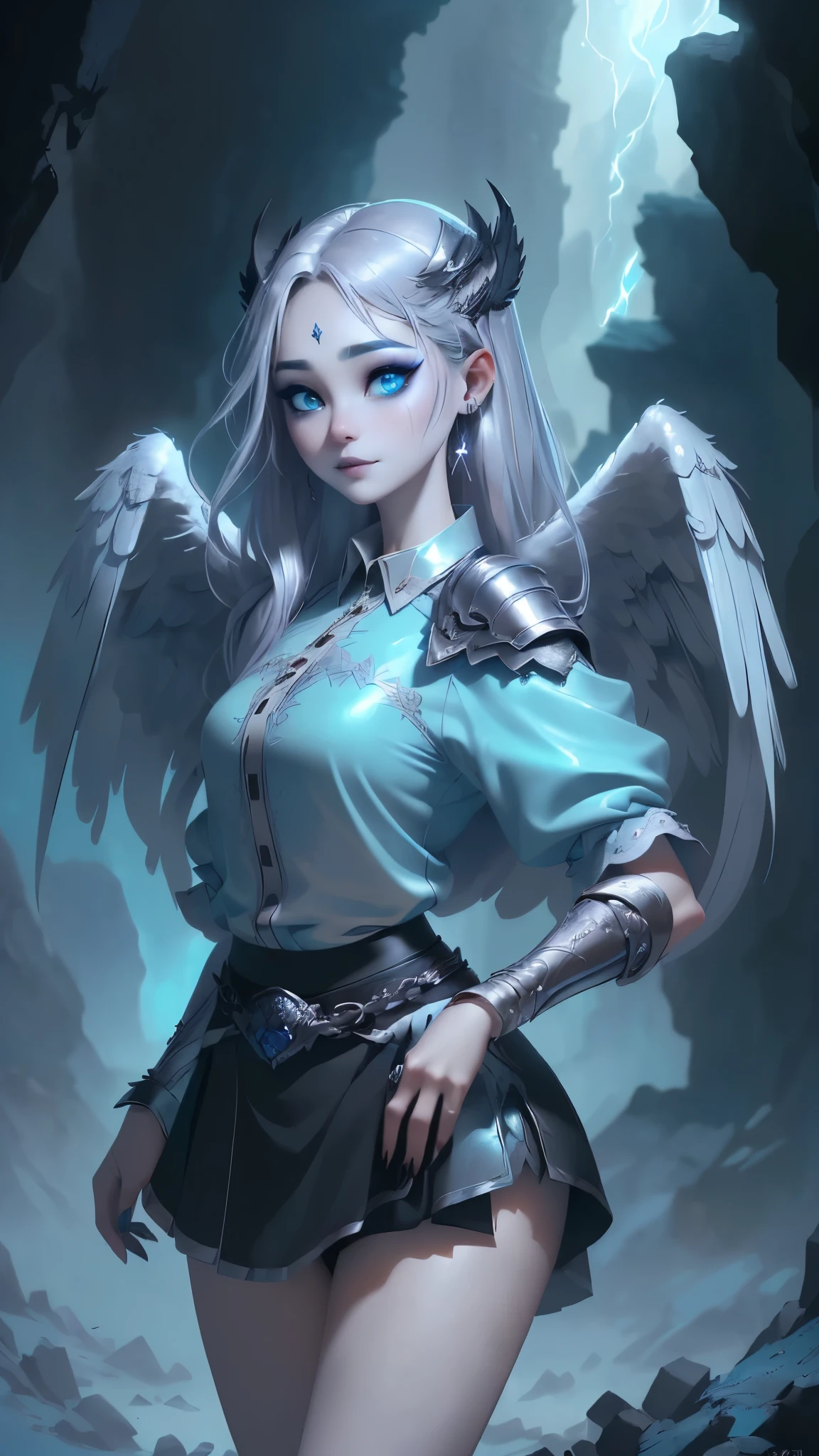 (pose gusano :1.4 ) , ((4K works))、​masterpiece、（top-quality)、((high-level image quality))、((one beautiful women))、(Slim body:1.4) 、((Black Y Shirt Fashion:1.4) ))、(mini skirt white :1.4) , (Detailed beautiful eyes:1.4 )、Crow on fantastic city background、Walk the crowded streets、((Face similar to Chaewon in Ruseraphim))、((shoulder-length hair))、((bright silver hair:1.4 ))、((Smaller face))、((Neutral face))、((Light blue eyes detailed :1.4 ))、((Korean Women))、((18year old))、((Wild Lady))、((Wild look))、((Show your fangs and laugh))、((Korean makeup with black eyeshadow:1.4 ))、((elongated and sharp eyes))、((Shot alone))、((Fallen Angel:1.4 ))、((Fallen Angel Woman))、Photos of fallen angels、Villain、((amazing photo))、Photographed so that the whole body can be seen、horor、((There is a crow on the right shoulder))、Dark Proof、Professional Photos、((She is walking next to the viewer))、((Happy dating)), ,(Fondo de ruinas de mazmorra en ruinas:1.4 ), Epic Fantasy Art Style HD, 4K fantasy art, epic fantasy digital art style, epic fantasy art style, Fantasy Woman, epic fantasy art portrait, Epic fantasy style, hyperrealistic fantasy art, hd fantasy art, Epic fantasy character art, epic fantasy art, in style of dark fantasy art, epic fantasy digital art, (fondo cueva caverna piedras grandes :1.4), (face detailed :1.4), (pose vaquero), (colores brillantes), (iluminación cinematográfica :1.4) 