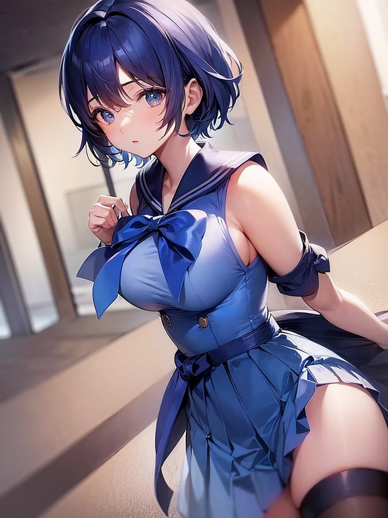 One girl、Sailor Mercury、Blue Hair、short hair、From the back、Beautiful breasts、Big ribbon on the waist、Pleated skirt