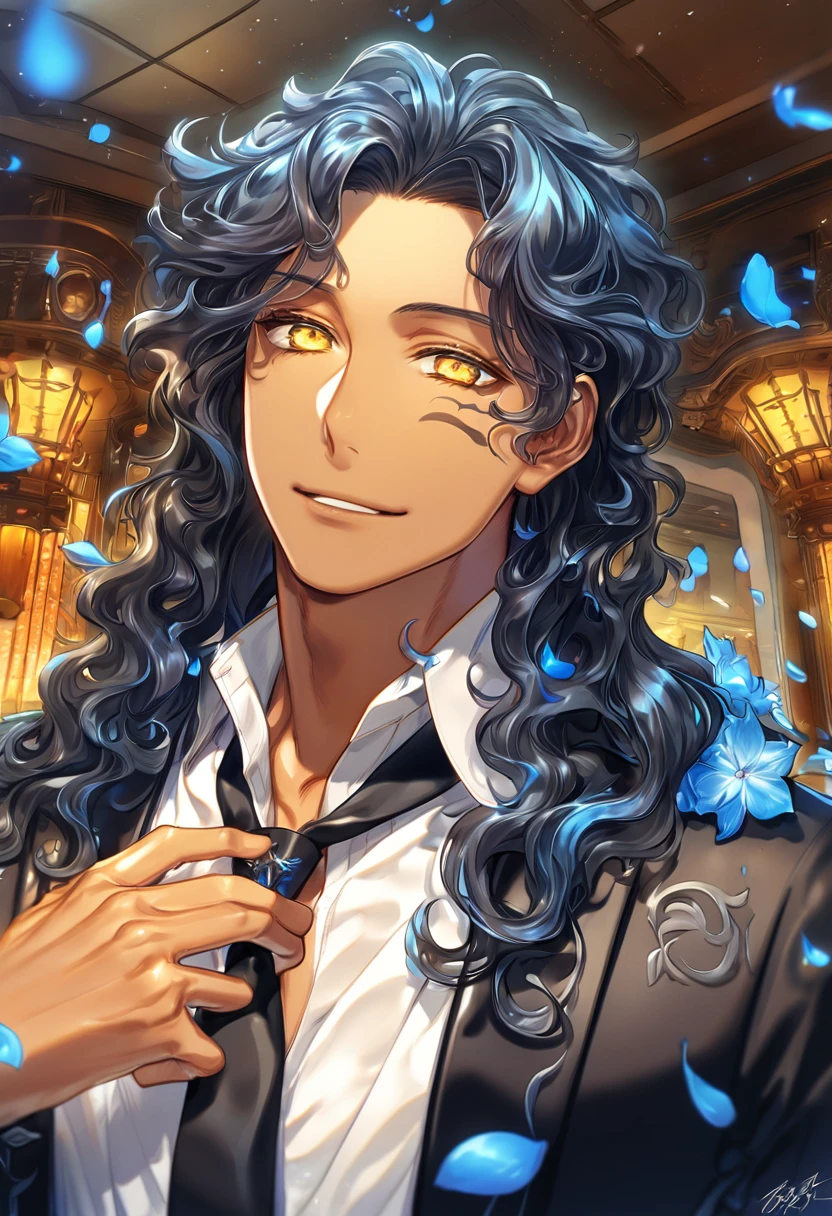 absurdres, highres, ultra detailed, HDR, master piece, Tiki Mikku, dark hair, wavy hair, expressive yellow eyes, black jacket, white shirt, black necktie, tanned skin, white gloves, D.Gray-Man, sexy man, room, handsome, best quality, blue flowers, fantasy, solo, blue shining fireflies, blue petals, sensual, handsome smile, starry sky, shining, blue blossoms