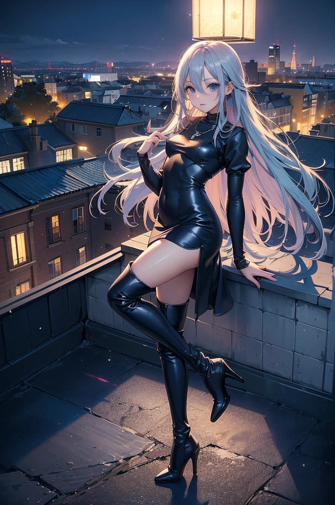 ((Biologically correct limb count)),(( From head to toe,Full-body photo including face)),4K,((Standing position)),masterpiece,((Focus on the face)),((Symmetrical facial features)),Eyes with detailed description,Beautiful woman,Great style,Beautiful arms,Beautiful legs,Beautiful Hands,(Small Ass,Thin thighs),Detailed depiction of the face,Small earrings,necklace,(Tight Dress((High heel long boots))),((evening,Looking out at the city from the school rooftop)),(((blue blonde))),Realistic photo,