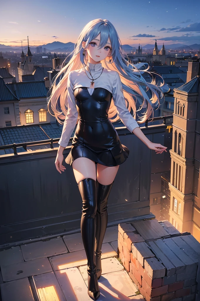 ((Biologically correct limb count)),(( From head to toe,Full-body photo including face)),4K,((Standing position)),masterpiece,((Focus on the face)),((Symmetrical facial features)),Eyes with detailed description,Beautiful woman,Great style,Beautiful arms,Beautiful legs,Beautiful Hands,(Small Ass,Thin thighs),Detailed depiction of the face,Small earrings,necklace,(Tight Dress((High heel long boots))),((evening,Looking out at the city from the school rooftop)),(((blue blonde))),Realistic photo,
