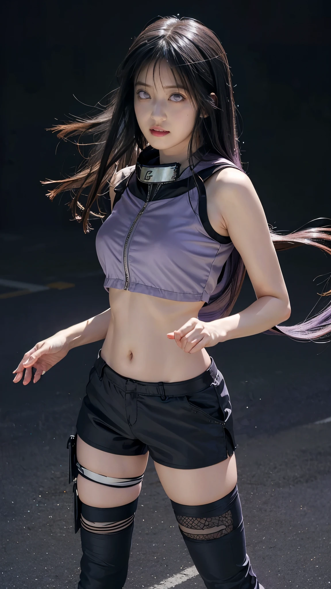 Moisturized skin, (bright gradient eyes), perfect body,
BREAK,
(beautiful navel), (kunoichi), (ninja), sexy costume, (kunai), (leather), fishnet, (fishnet stockings), (blushing), black clothes, (embarrassed expression: 1.3), (black hot pants: 1.3),
BREAK,
(long silky light lavender hair: 1.3), (long ends of bangs: 1.2), (straight bangs: 1.3), (Hyuga Hinata hairstyle),
BREAK,
((masterpiece + best quality + high resolution + highly detailed)), (full body: 1.2), symmetrical, one shot,
BREAK,
(city street), (wind blowing: 1.5),
BREAK,
(Imada Mio: 1.4), (Hyuga Hinata: 1.3), elegant,