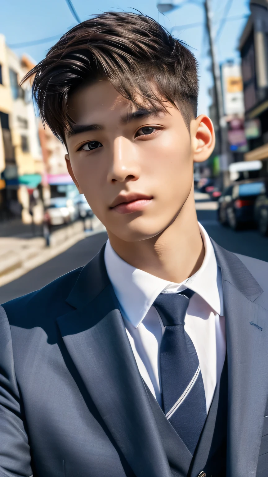 Highest quality, masterpiece, Ultra-high resolution, (Realistic: 1.4), Original photo, wallpaper, Head Photo, skin, Simple Background, Iris, detailed, Selfie, 1 boy, 18-year-old, good looking, Wind,suit、Street Corner