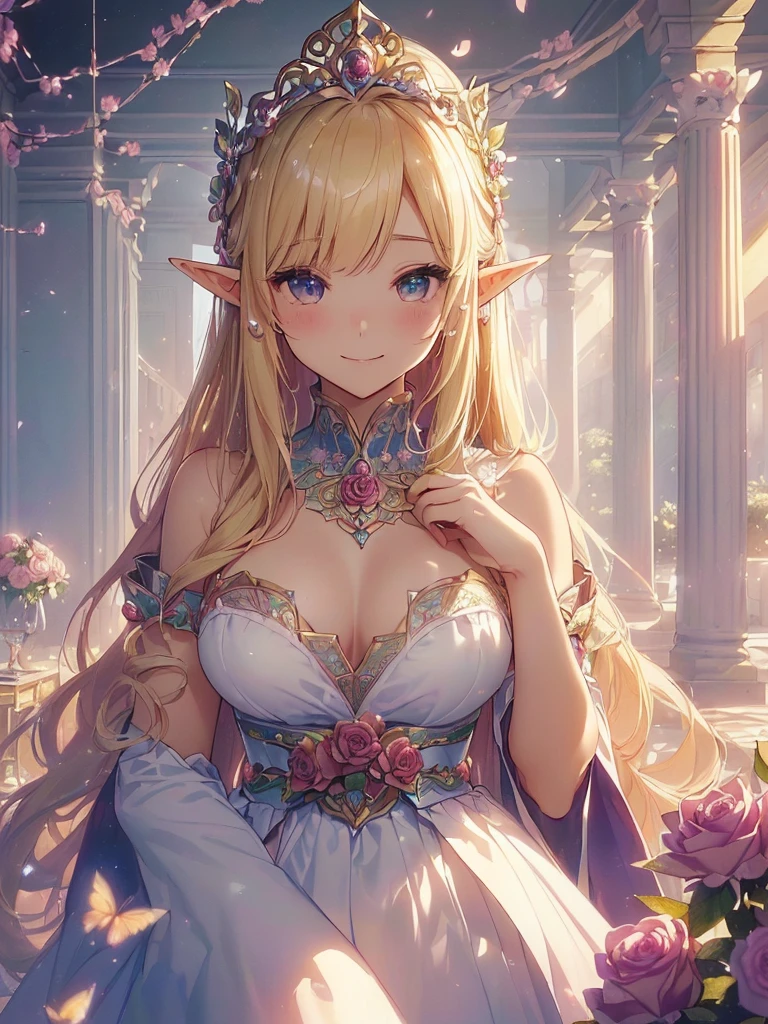 highest quality、Highest image quality、masterpiece、beautiful face、、Titania、Super beautiful elf beauty((18 years old OL big bust、bust 90,beautiful long ironed hair、blonde、Height: 170cm。slender、sexy、Esbian、beautiful tiara、night、High quality、美しいart、Beautiful bed、canopy、Sky curtain、muste piece、ビジュアルart、Depth of the bounds written、、elf ears、、Lightのmagic、universe、A happy smile、穏やかなLight、Elven Forest、cherry blossoms、、elegant、ticker beautiful decorative、marble columns、fresco、Mosaic floor、mystical rosa、Rose、flower瓶、magicのflower、flowerを作るmagic、Light、 the sky、beautiful dressy、beautiful dresyth、ART、Lord of the Ring、sexy、friendly smile、Fantastic、cherry blossoms、舞い散るflowerびら、cherry blossomsのflower、universeのmagic、magicのLight、fantasy、flower、super REALITYたくさんのRose、magic、Interior decoration、Many tapestries、Grow fantasy、、mysteryのLight、byzantine、renaissance、Art nouveau、alphonse Mucha、、art、art,mystery,UHD,magicalgentle light,sexy、