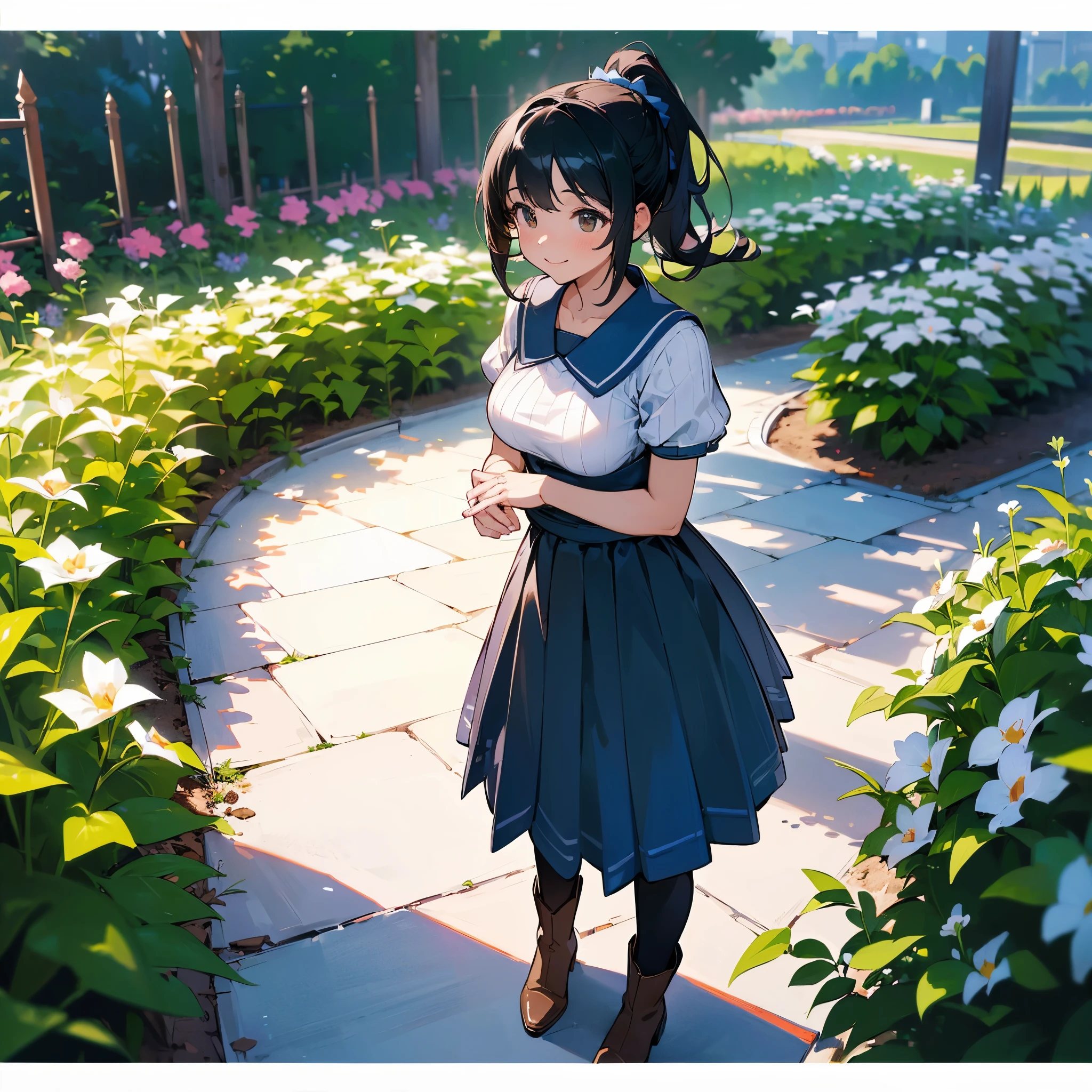 (high quality, High resolution, Very detailed, reality:1.37), Peaceful atmosphere, (Outdoor, garden), age girl standing alone, (my breasts are big.), Beautiful details, Cute Smile, (Black hair ponytail), Short sleeve ribbed sweater, Blue Skirt, Black tights, Brown boots.