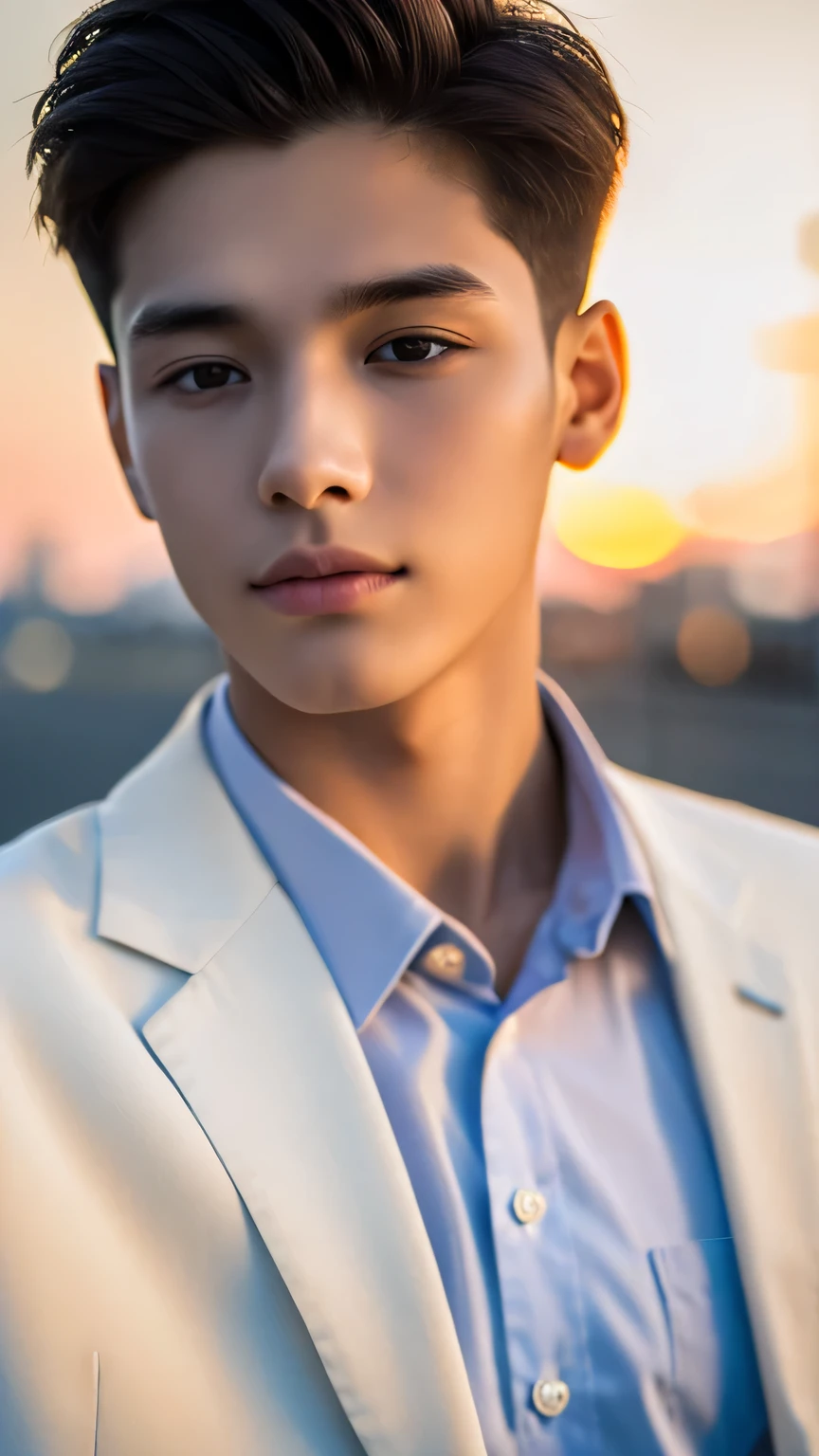 Highest quality, masterpiece, Ultra-high resolution, (Realistic: 1.4), Original photo, wallpaper, Head Photo, skin, Simple Background, Iris, detailed, Selfie, 1 boy, 18-year-old, good looking, Wind,White suit、Sunset