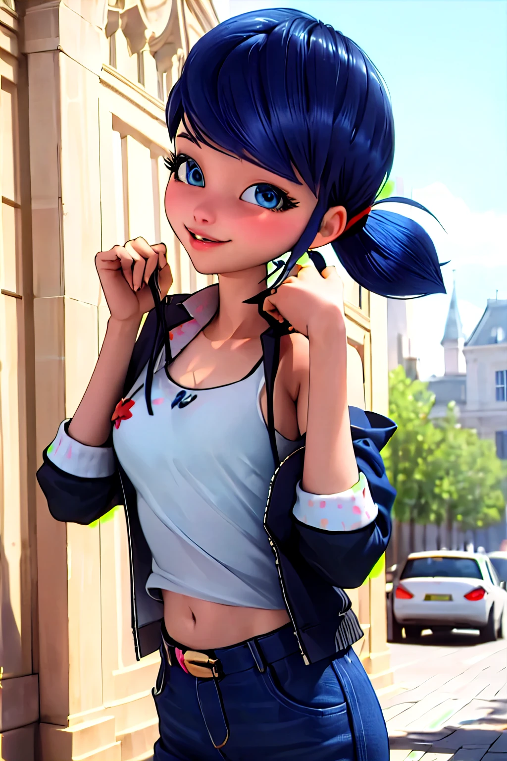 (8k, RAW photo, best quality, masterpiece:1.2), (intricate details), perfect eyes, perfect face, perfect lighting, beautiful, (masterpiece:1.2), (best quality:1.2), 1girl( marinette, blue hair, ponytails, blue eyes), smile, parted lips, solo, blue jacket, undress, bare shoulders, white tank_top, cleavage, navel, denim skirt, ultra mini skirt, outdoor, standing, hands up, sexy waist teasing