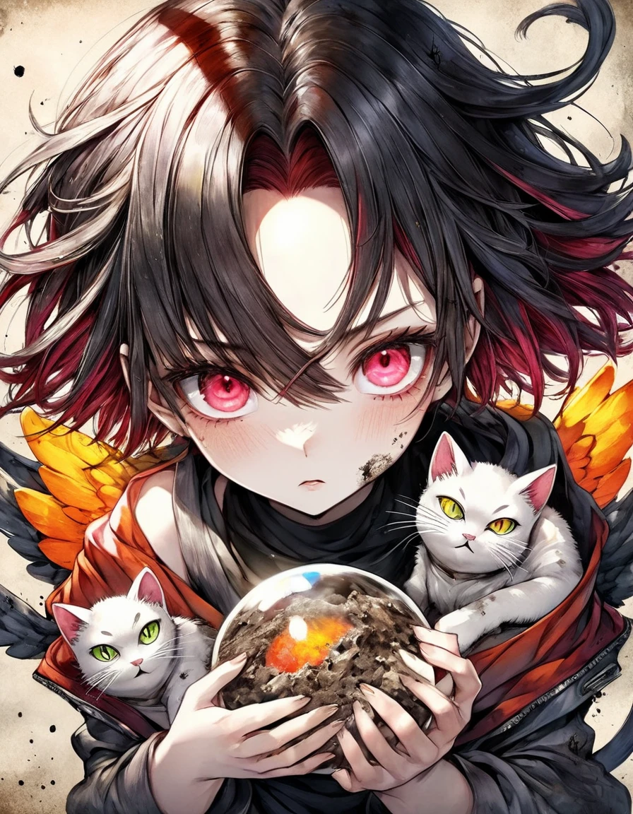 anime 4D vivid color Angel and fun cats, magical, rough sexy big titis sakura rsized fashion grunge fashion, top view (holding esferas do dragão dbz in hands) dystopian ugh shading Surréalisme watercolor painting style, stylize 1000 line art, watercolor wash, by inacofairy,rugged, dirty, big red eyes, reflective mel eyes perfects eyes, Gritty Realism, dirt, dark glowing eyes, anime style, intricate detailed, bright colors, fantasy, concept art, digital art, intricate, oil on canvas