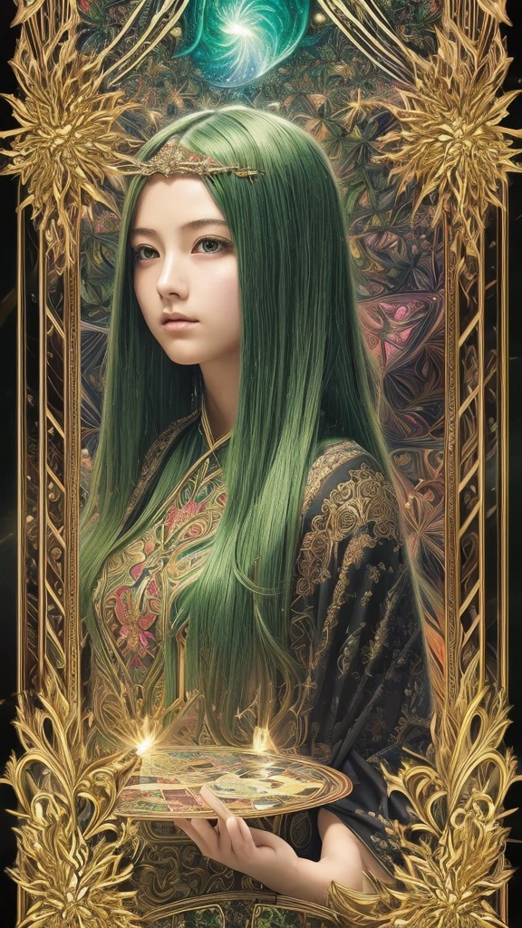 (masterpiece, Highest quality, Highest quality, Official Art, beautifully、aesthetic:1.2), (One girl:1.3), (Fractal Art:1.3), card, Tarot, Green Hair, Twin Blade, Hair Flower, (Good lighting:1.1), ((High resolution)), Tarot card style