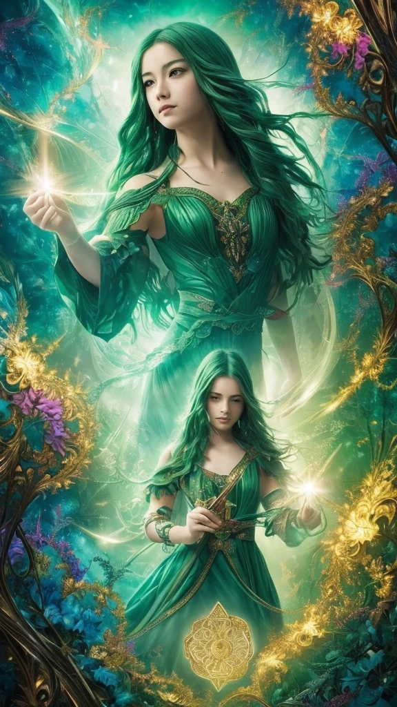 (masterpiece, Highest quality, Highest quality, Official Art, beautifully、aesthetic:1.2), (One girl:1.3), (Fractal Art:1.3), card, Tarot, Green Hair, Twin Blade, Hair Flower, (Good lighting:1.1), ((High resolution)), Tarot card style