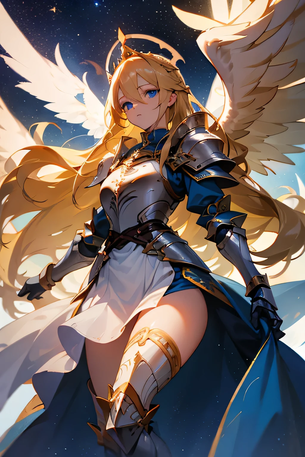 woman, long hair, blonde hair, blue eyes, wears armor, underneath the armor she wears pants that go down to the armor on her legs, and on her legs armor goes up to the skirt, on the arms She only wears bracelets, a tiara with two angel wings, a white dress with blue outlines, the setting is a starry sky.