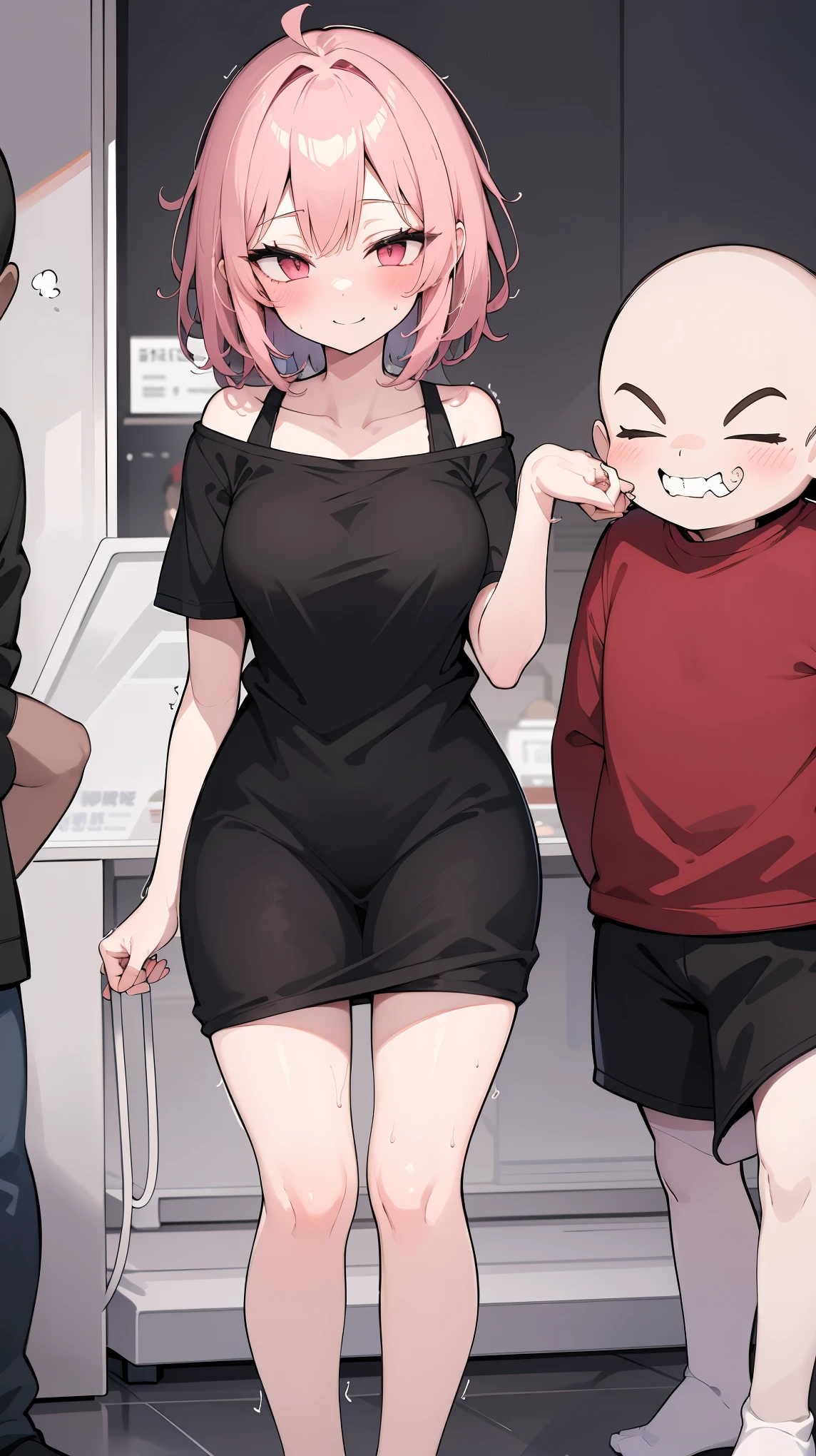 Short girl and black guy, A girl wearing a large plain pink T-shirt、Seducing viewers while watching them in the bathroom, Cuckold、Cuckoldアングル、Healthy Thighs,
, , (Wicked Smile:1.2), Off the shoulder, Short sleeve, Sunburn, Saucy, blush,
A man puts his hand on a girl&#39;s shoulder,
An absurd solution, Very detailed, Highest quality, Cute illustrations,