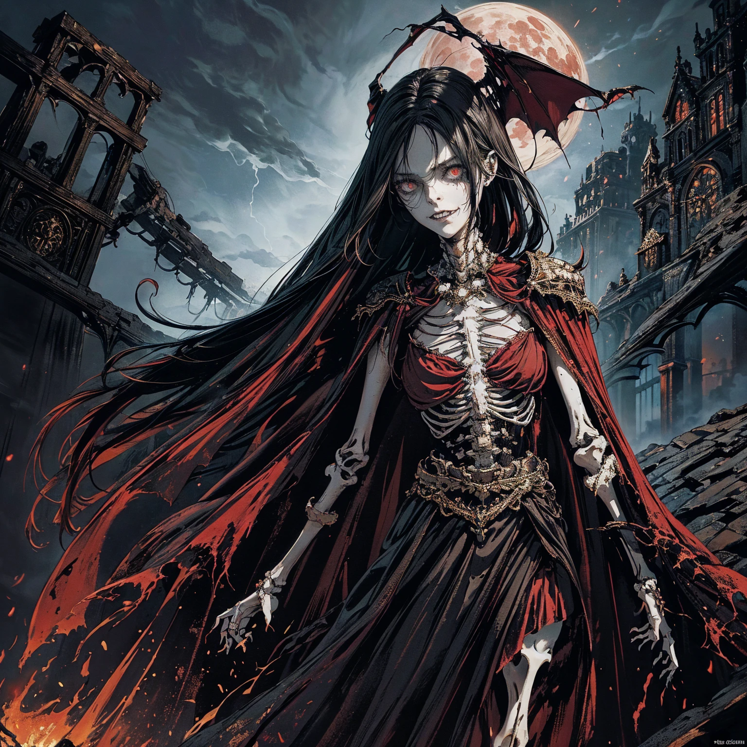 full-body shot, best quality, 4K, high resolution, masterpiece, Very detailed, Mood lighting, An undead girl in a long cape, Whole body including hands & arms & legs & feet are all skeleton bones but except the head is still beautiful human face, Wearing a ragged gothic skirt, Aloofness emotion, Dangerous sneer, Melancholy smile, Black Hair, Standing, Facing the camera, Crucified, Pitch black sky, Blood-red moon, strange atmosphere, Gothic style, Unforgettable beauty, Dramatic shadows, Ethereal Light, Mysterious atmosphere.