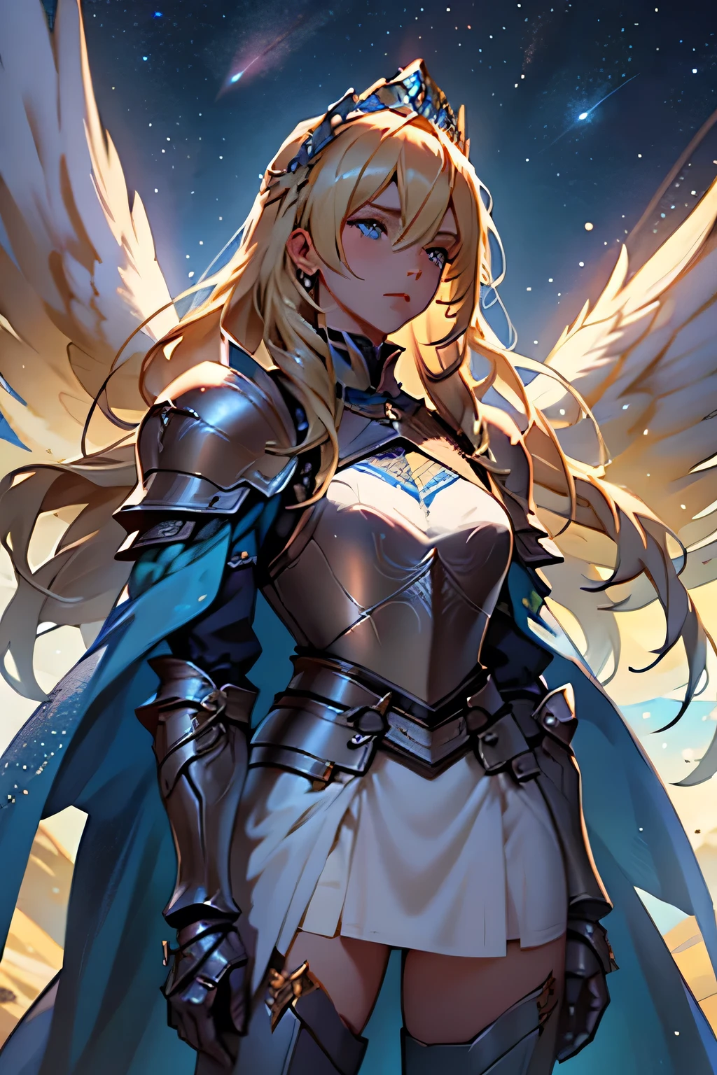 woman, long hair, blonde hair, blue eyes, wears armor, underneath the armor she wears pants that go down to the armor on her legs, and on her legs armor goes up to the skirt, on the arms She only wears bracelets, a tiara with two angel wings, a white dress with blue outlines, the setting is a starry sky.