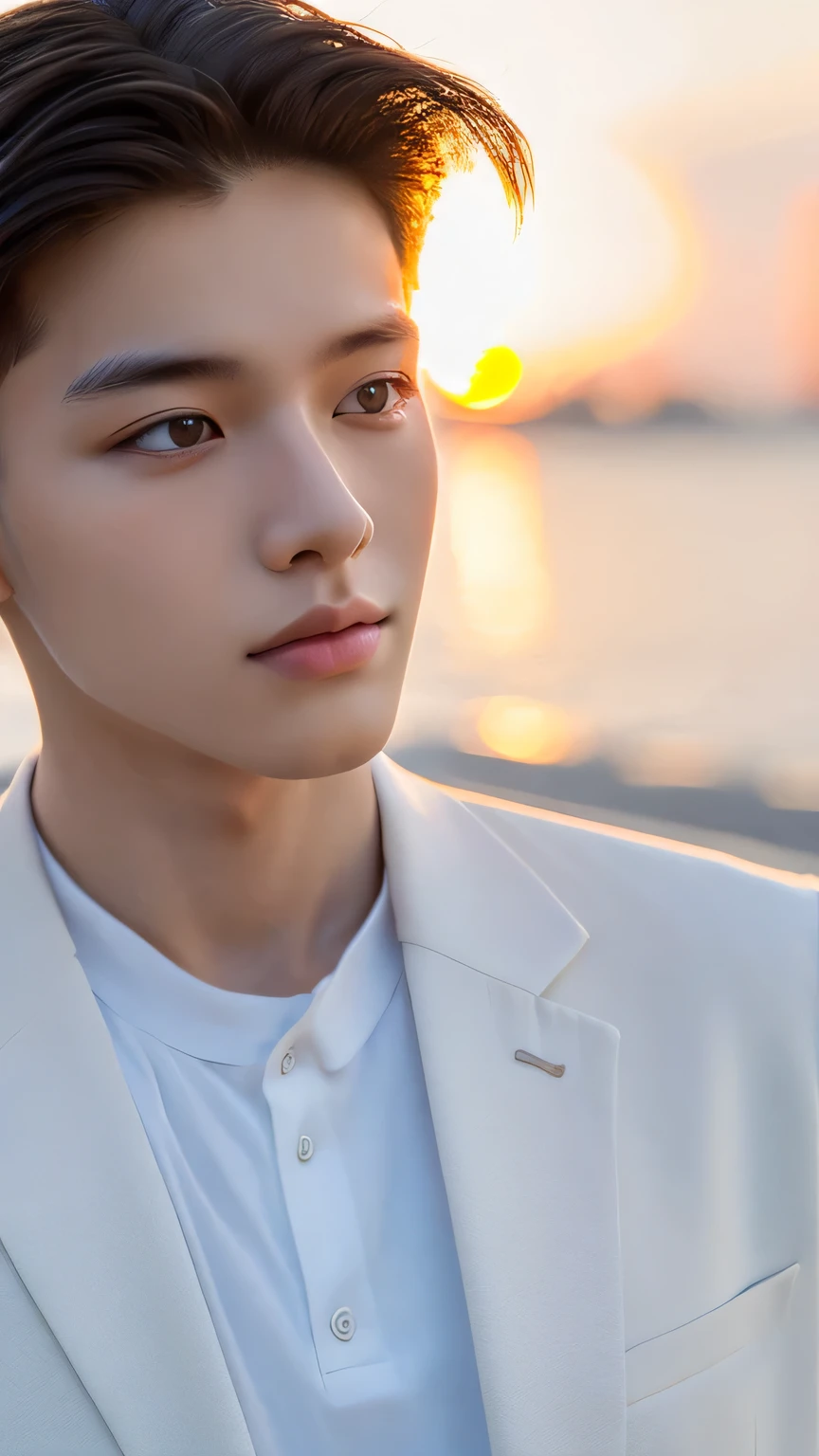 Highest quality, masterpiece, Ultra-high resolution, (Realistic: 1.4), Original photo, wallpaper, Head Photo, skin, Simple Background, Iris, detailed, Selfie, 1 boy, 18-year-old, good looking, Wind,White suit、Sunset