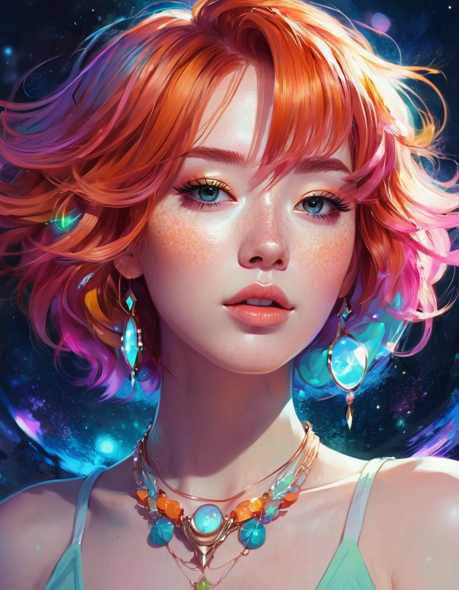 a close up of a woman with ginger hair and a necklace, anime girl with cosmic hair, rossdraws pastel vibrant, artwork in the style of guweiz, fantasy art style, colorful]”, vibrant fantasy style, rossdraws cartoon vibrant, cosmic and colorful, guweiz, colorfull digital fantasy art, stunning art style, beautiful anime style