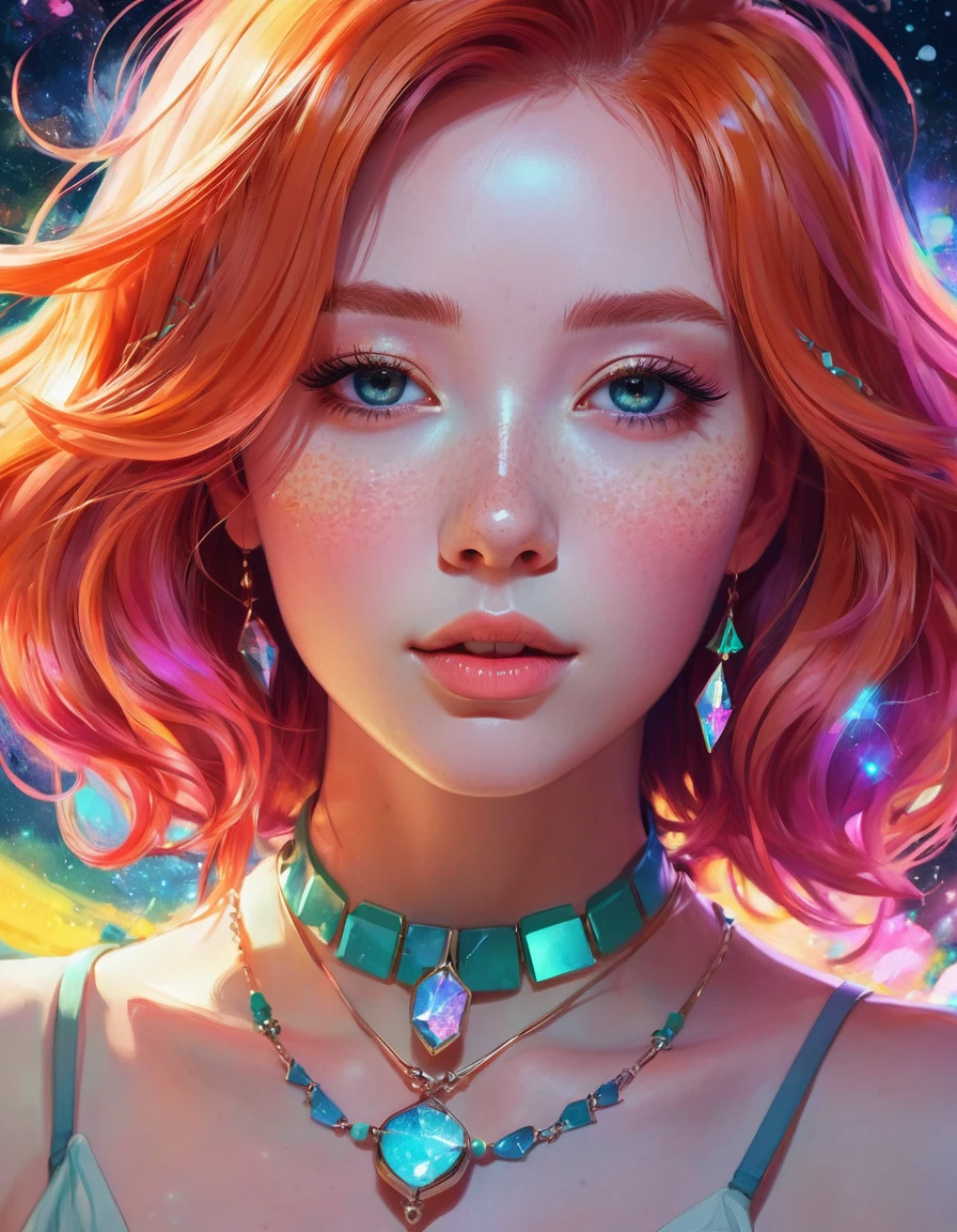 a close up of a woman with ginger hair and a necklace, anime girl with cosmic hair, rossdraws pastel vibrant, artwork in the style of guweiz, fantasy art style, colorful]”, vibrant fantasy style, rossdraws cartoon vibrant, cosmic and colorful, guweiz, colorfull digital fantasy art, stunning art style, beautiful anime style