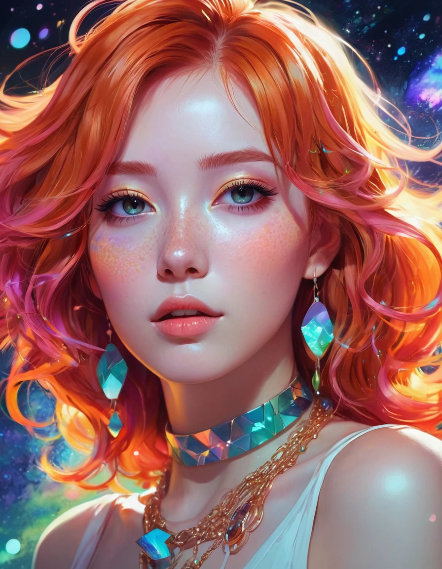a close up of a woman with ginger hair and a necklace, anime girl with cosmic hair, rossdraws pastel vibrant, artwork in the style of guweiz, fantasy art style, colorful]”, vibrant fantasy style, rossdraws cartoon vibrant, cosmic and colorful, guweiz, colorfull digital fantasy art, stunning art style, beautiful anime style
