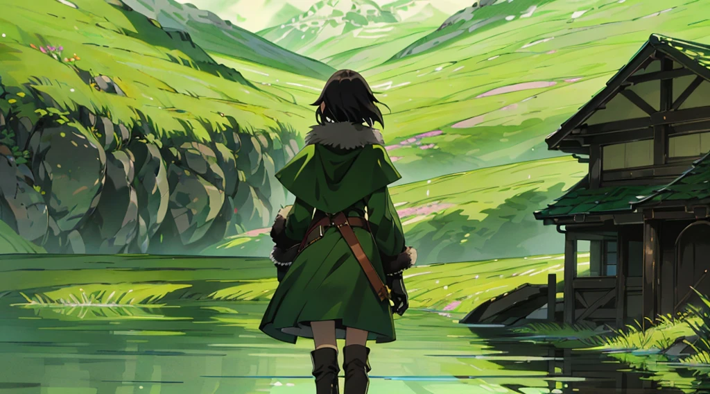 yuichiro hyakuya girl, (WithoutFear:1), 1 girl, black hair, green eyes, brown coat, gray armor, elves, sylvan, green shield, green cloak, dark brown gloves, forest, white fur trim, anime, standing, good quality, portrait, looking at viewer