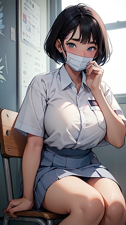 1 woman, ************, (Korean Wolf Cut haircut, black hair), scared face expression, plump body, blue eyes, Indonesian high-school uniform, (wearing transparent white shirt, showing bra), osis logo on shirt pocket, huge XL breasts, light-grey pleated skirt, sitting down, seductive pose, full body shot, smiling, blush, looking_at_viewer, in the classroom, (wear a mask, surgical mask fit his face, mask_pull)