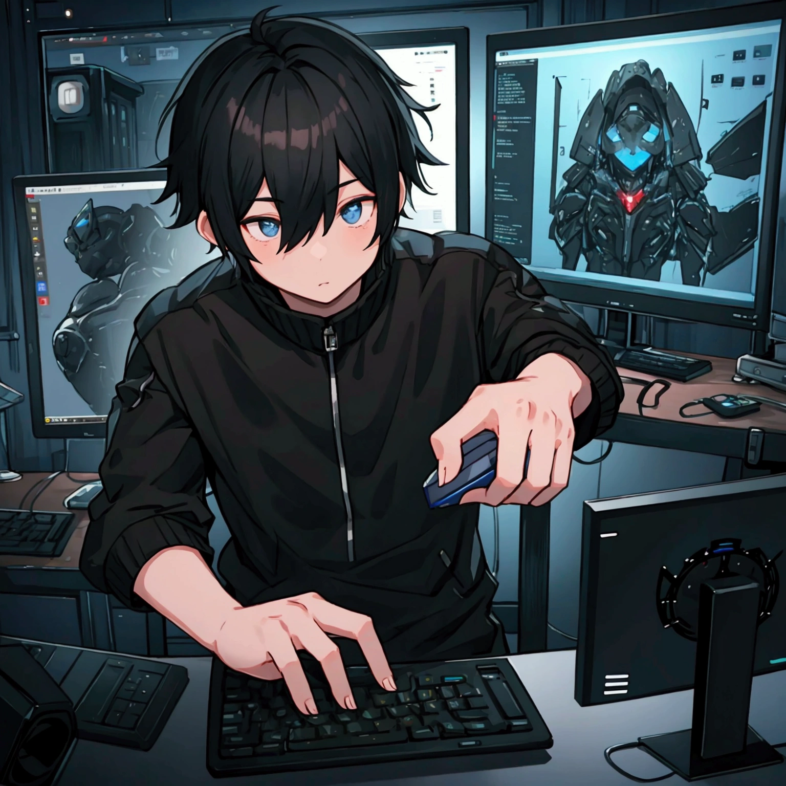 Black short hair boy、((Touching a computer))