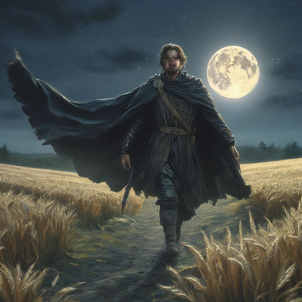 Create an image of a man walking through a vast grassfield under the cover of night. The field, bathed in the soft, silvery light of a full moon, stretches endlessly into the darkness, with the golden stalks of wheat swaying gently in the breeze. The sky above is a deep, star-studded expanse, adding a touch of ethereal beauty to the scene.
The man is dressed in a detailed medieval outfit, consisting of a dark, weathered tunic, leather armor, and sturdy boots. His cloak billows lightly with each step, catching the moonlight and adding a sense of movement and drama. In one hand, he carries a bottle of beer, its glass catching glimmers of moonlight. He holds the bottle casually, as though savoring a moment of solitude or contemplation.
His expression is thoughtful, with a hint of weariness or introspection, as he walks through the field. The contrast between the medieval attire and the serene, natural setting evokes a sense of timelessness and escape from the complexities of his world.
This image captures a peaceful yet poignant moment of solitude in a dark medieval fantasy setting, highlighting themes of escape, reflection, and the simple pleasures found in nature.