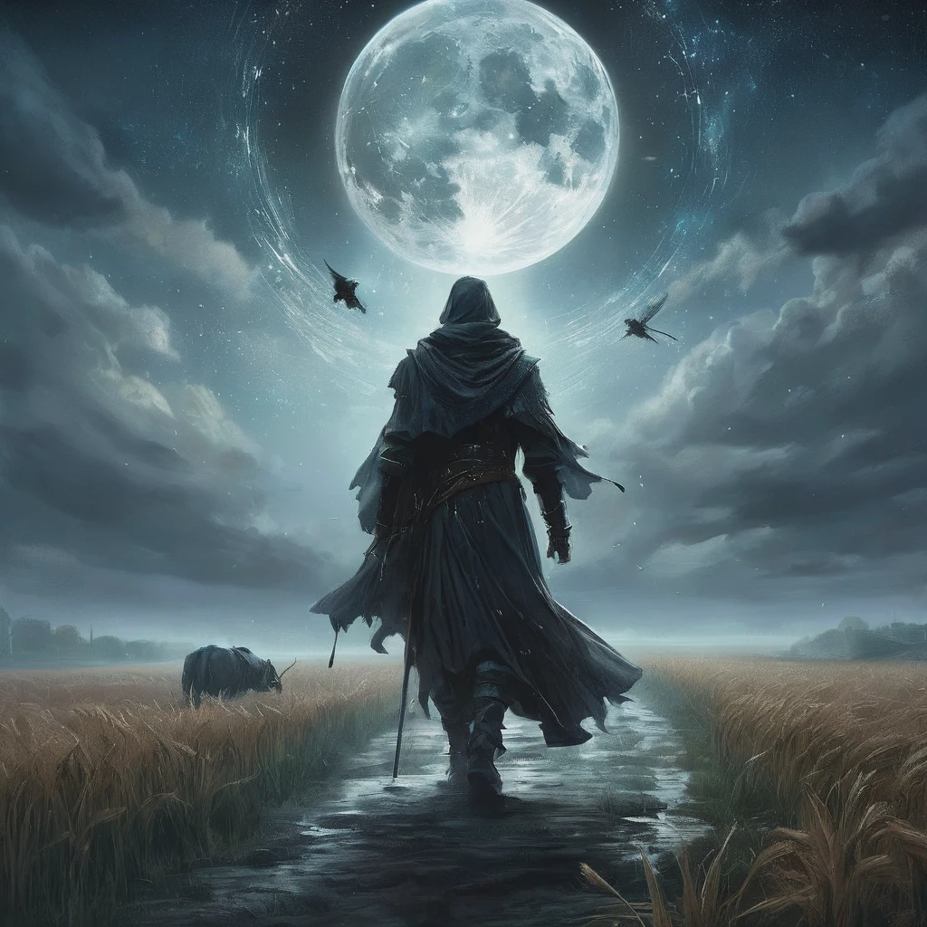 Create an image of a man walking through a vast grassfield under the cover of night. The field, bathed in the soft, silvery light of a full moon, stretches endlessly into the darkness, with the golden stalks of wheat swaying gently in the breeze. The sky above is a deep, star-studded expanse, adding a touch of ethereal beauty to the scene.
The man is dressed in a detailed medieval outfit, consisting of a dark, weathered tunic, leather armor, and sturdy boots. His cloak billows lightly with each step, catching the moonlight and adding a sense of movement and drama. In one hand, he carries a bottle of beer, its glass catching glimmers of moonlight. He holds the bottle casually, as though savoring a moment of solitude or contemplation.
His expression is thoughtful, with a hint of weariness or introspection, as he walks through the field. The contrast between the medieval attire and the serene, natural setting evokes a sense of timelessness and escape from the complexities of his world.
This image captures a peaceful yet poignant moment of solitude in a dark medieval fantasy setting, highlighting themes of escape, reflection, and the simple pleasures found in nature.