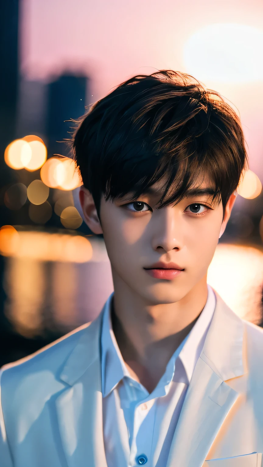 Highest quality, masterpiece, Ultra-high resolution, (Realistic: 1.4), Original photo, wallpaper, Head Photo, skin, Simple Background, Iris, detailed, Selfie, 1 boy, 18-year-old, good looking, Wind,White suit、Night view