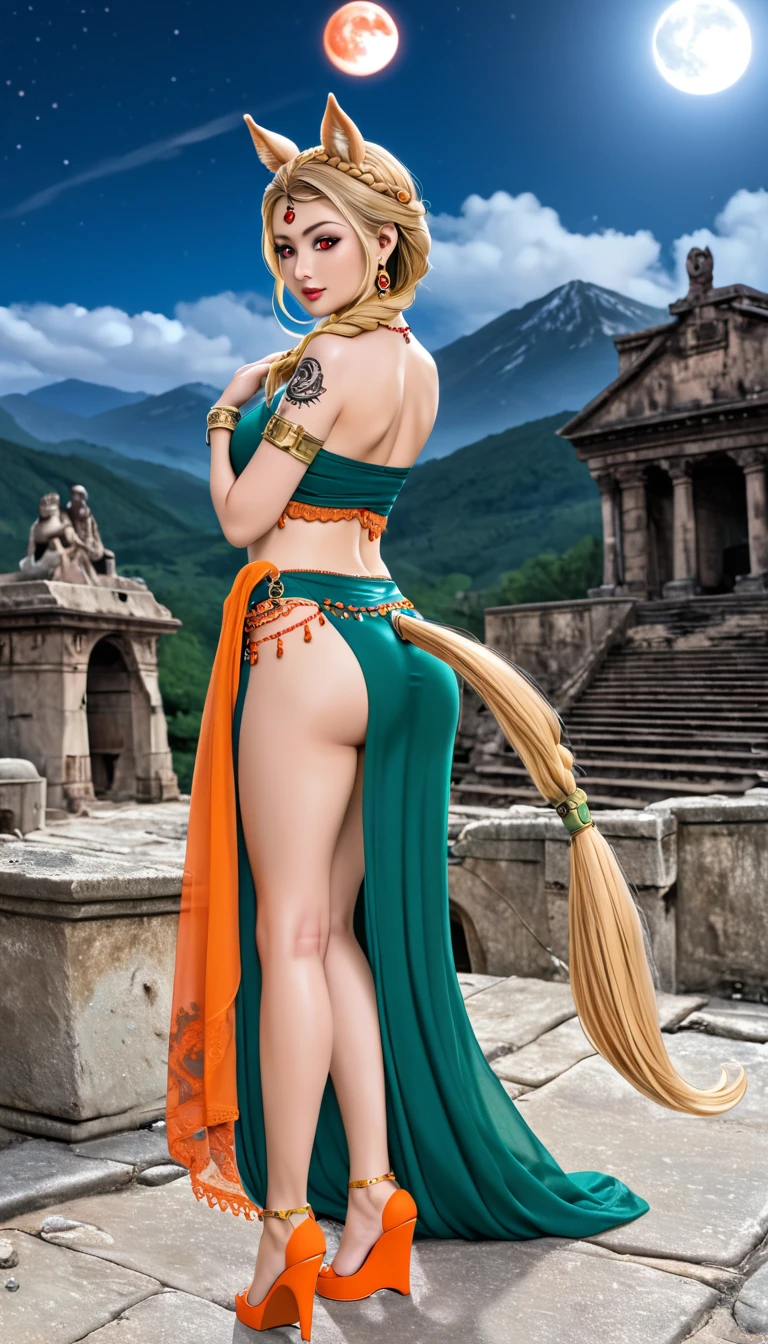 (High quality, masterpieces), One Japanese woman looking back over her shoulder, Posing of belly dance, Blonde braid hair with horse ears, Beautiful face, A little black tattoo on her forehead, Red eyes, horseshoe shaped earrings, Orange lace shawl, Green costume for belly dance, black face veil, Exposing skin around navel, Horseshoe-shaped branding iron on her back, Attach a horse tail on her ass, Orange wedge heels, Luxury accessories, Ancient ruins on a mountaintop, Midnight with red moon, Perspective from behind of her