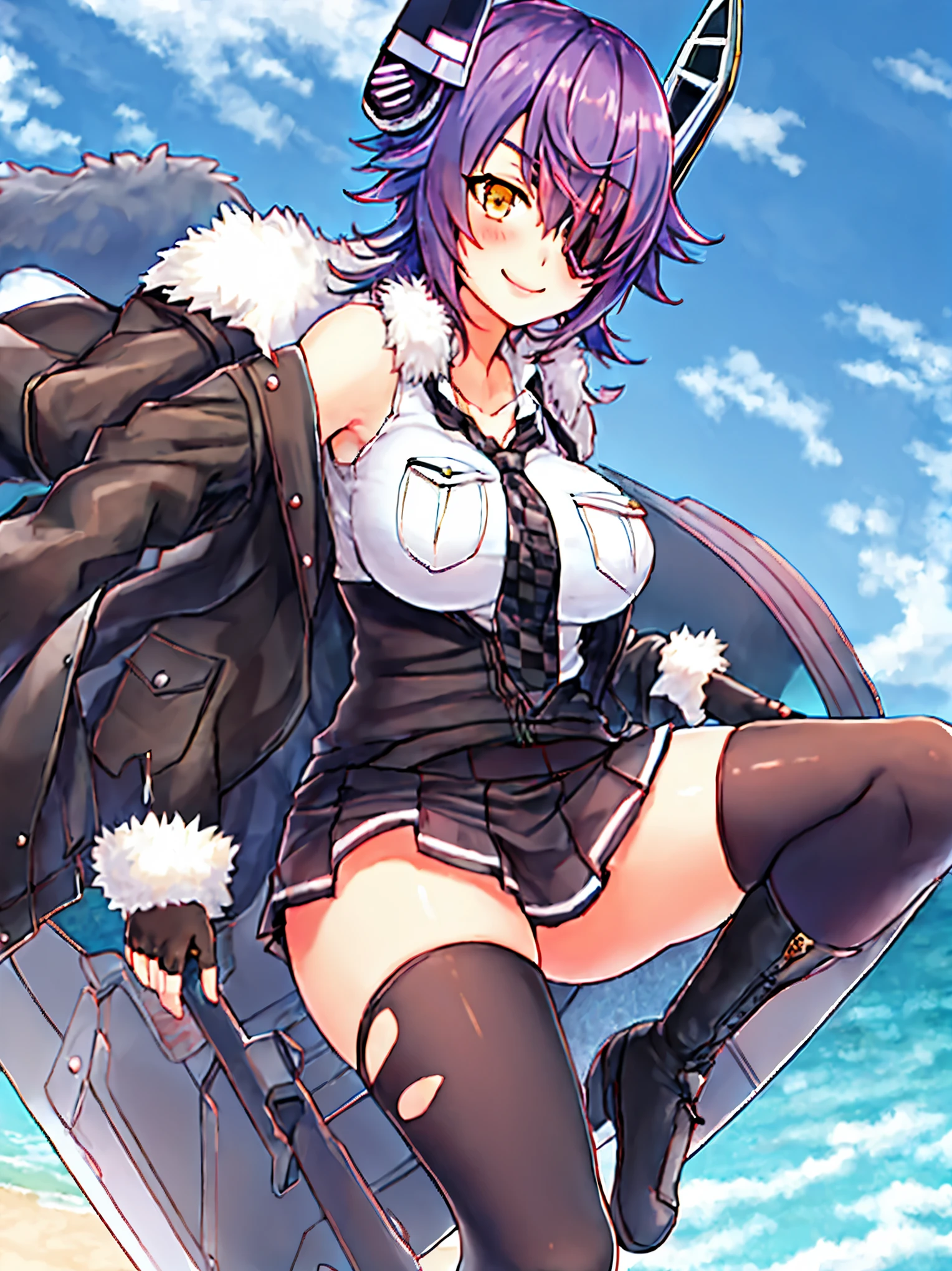 best quality, masterpiece, solo, {tenryuu_kantaicollection:1.}, teirl, eyepatch, short_hair, purple_hair, yellow_eyes, headgear, breasts, necktie, large_breasts, smile, 1girl, blush, checkered_necktie, hair_over_one_eye, shirt, collared_shirt, white_shirt, jacket, sleeveless, brown_eyes, fur-trimmed_jacket, fur_trim, collarbone, looking_at_viewer, pocket, breast_pocket, ,, messy_hair, black_gloves, gloves, partially_fingerless_gloves,harbor_road_landscape_background,outdoor,short_skirt,thigh-highs,boots,sunlight,from_below