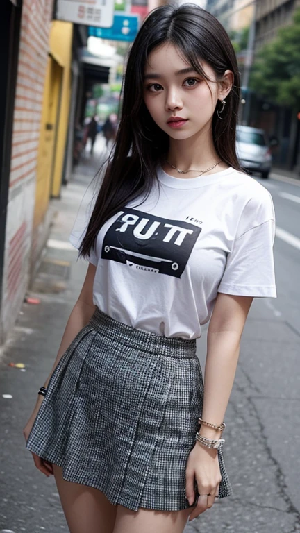 solo , 1girl , Thai girl , shirt rock punk styes , big breast , skirt rock punk styes , punk bracelet