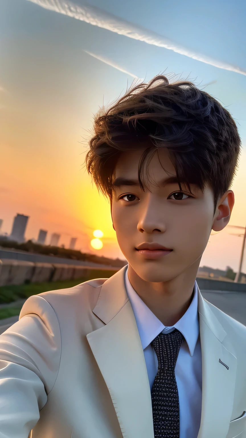 Highest quality, masterpiece, Ultra-high resolution, (Realistic: 1.4), Original photo, wallpaper, Head Photo, skin, Simple Background, Iris, detailed, Selfie, 1 boy, 18-year-old, good looking, Wind,suit、Sunset