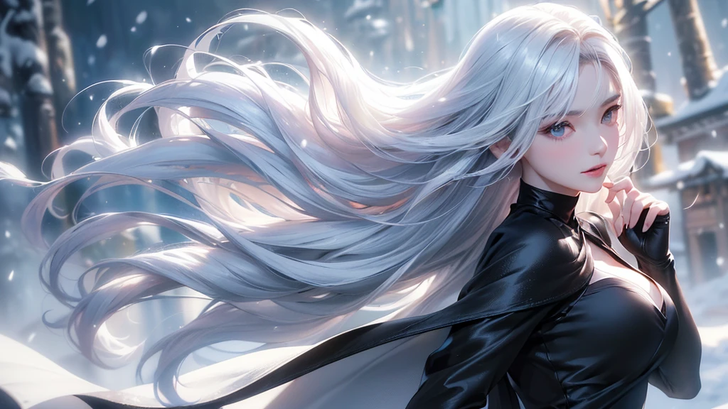 ((Picture from the waist up))((masterpiece:1.5、8k、Tabletop、フォトリアリスティックでVery detailedなCG、Very detailed、Particle Effects、Dynamic Effects、Shallow depth of field、Cinematic Light、Lens flare、Ray Tracing、Tabletop、Realistic:1.4、Ultra-high resolution:1.2、Realistic、Realistic))((alone、,A woman wearing a black cashmere coat over a halter neck dress:1.4、Elegant woman posing、Detailed face、bright表情、young, bright, Whiter skin、Medium chest、Beautiful cleavage、Best Looks、Asian、Ultimate beauty、bright and shiny hair,、Super long, Silky straight hair、Hair dancing in the wind))(morning、The setting is outdoors in the snow、Crystal of snow)((shiny white hair))
