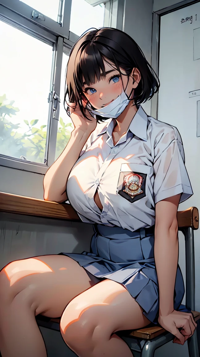 1 woman, ************, (Korean Wolf Cut haircut, black hair), scared face expression, plump body, blue eyes, Indonesian high-school uniform, (wearing transparent white shirt, showing bra), osis logo on shirt pocket, huge XL breasts, light-grey pleated skirt, sitting down, seductive pose, full body shot, smiling, blush, looking_at_viewer, in the classroom, (wear a mask, surgical mask fit his face, mask_pull)