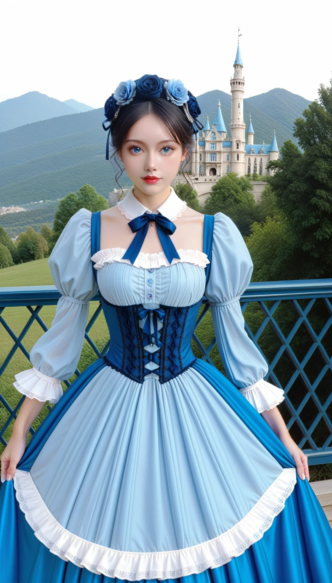 ((Photography, RAW quality)), (High quality PHOTO of a pretty girl, perfect face, blue eyes, sharp, perfect, well-defined pupil, black hair, long straight, (classic blue Victorian dress, luxurious, lace, tulle, ribbons, shiny jollas, intricate, cinched at the waist), with a castle background with round towers and flags in the mountains