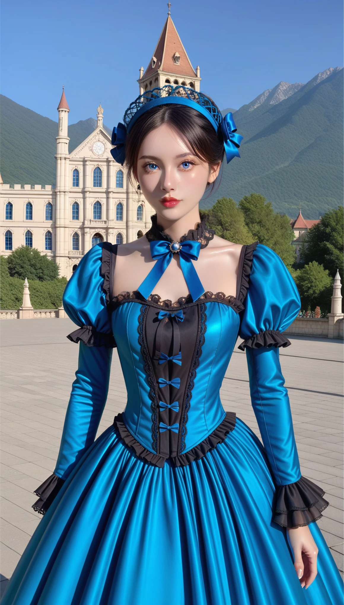 ((Photography, RAW quality)), (High quality PHOTO of a pretty girl, perfect face, blue eyes, sharp, perfect, well-defined pupil, black hair, long straight, (classic blue Victorian dress, luxurious, lace, tulle, ribbons, shiny jollas, intricate, cinched at the waist), with a castle background with round towers and flags in the mountains