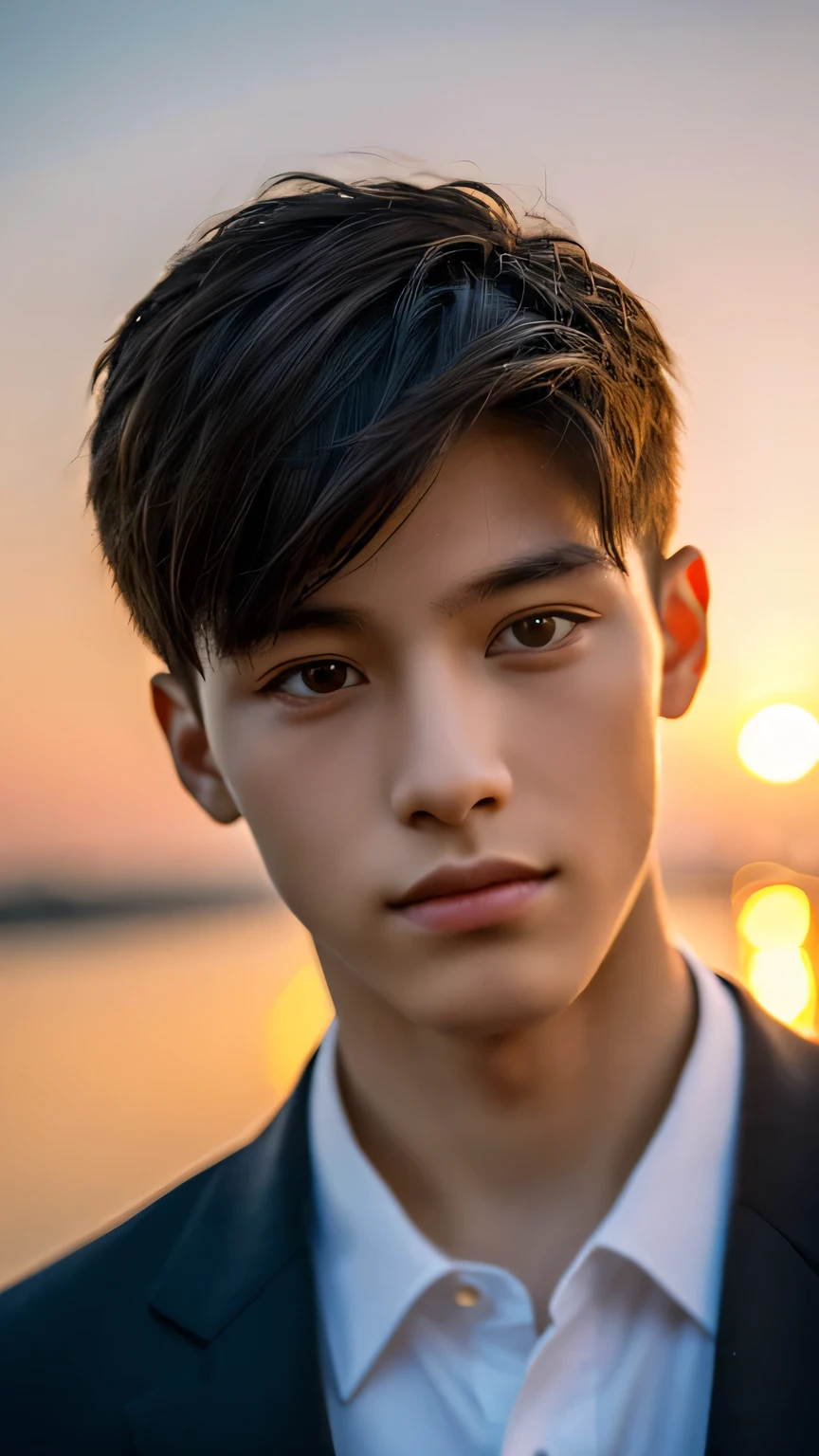 Highest quality, masterpiece, Ultra-high resolution, (Realistic: 1.4), Original photo, wallpaper, Head Photo, skin, Simple Background, Iris, detailed, Selfie, 1 boy, 18-year-old, good looking, Wind,suit、Sunset