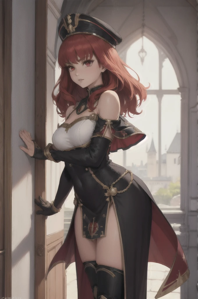 celica fe, red eyes, cape, armor, bare shoulders, thighighs, militar hat, gloves, pelvic curtain, backlit, castle, indoors, black militar uniform