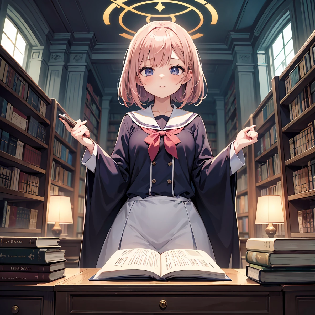 Woman in a library with books and bookshelves, dark academia, dark academia aesthetics, Light novel cover, From Unidentified Academics, dark academia aesthetic, Cute girl anime visuals, Anime Cover, Magic , Beautiful anime school girl, Infinite Celestial Library, Beautiful and detailed anime art, Library Background, epic Light novel cover,