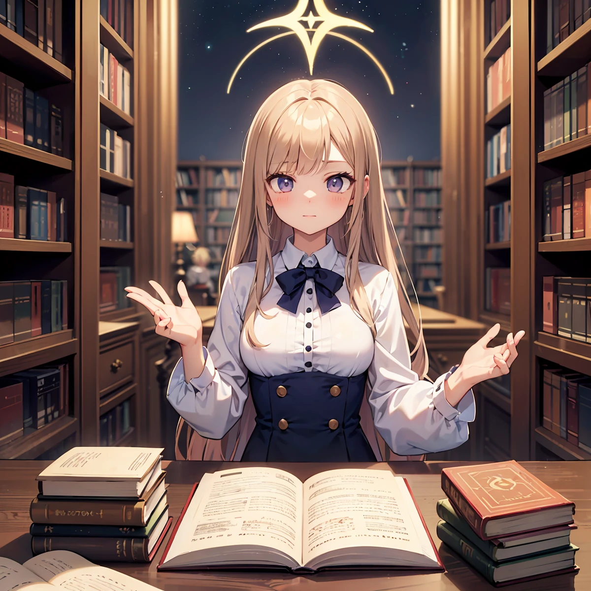 Woman in a library with books and bookshelves, dark academia, dark academia aesthetics, Light novel cover, From Unidentified Academics, dark academia aesthetic, Cute girl anime visuals, Anime Cover, Magic , Beautiful anime school girl, Infinite Celestial Library, Beautiful and detailed anime art, Library Background, epic Light novel cover,